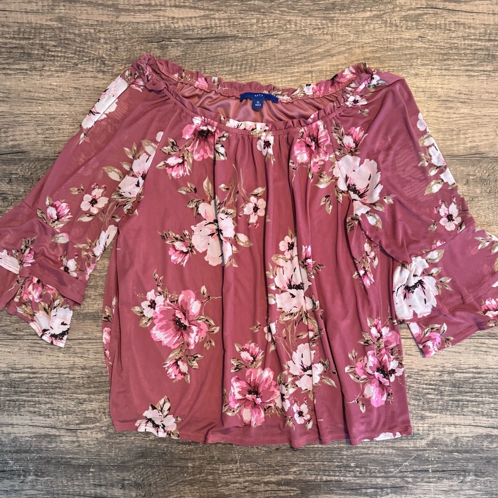 Apt. 9 Pink Floral Bell Sleeve Blouse with Ruffled Details (size XL)